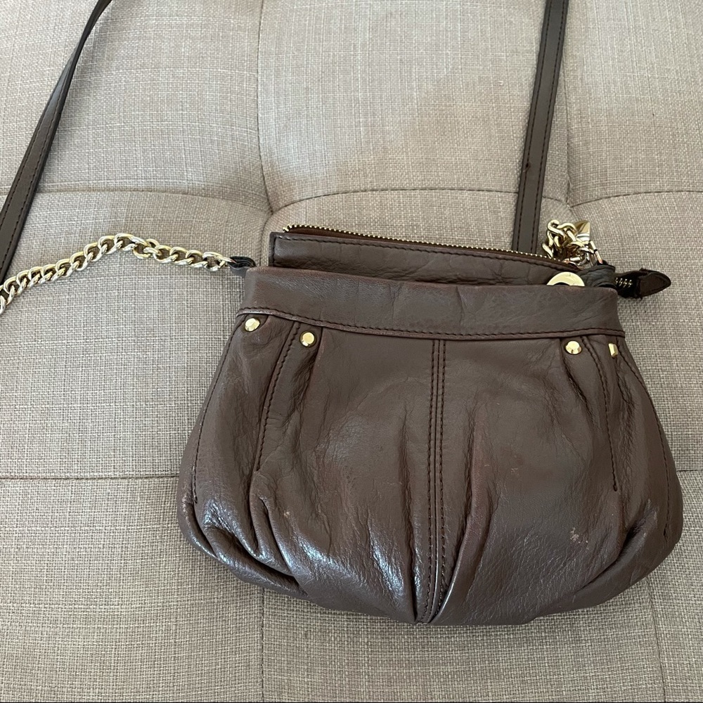 B. Makowsky Leather Crossbody Bag - Small Tan with Gold Chain - Picture 5 of 6